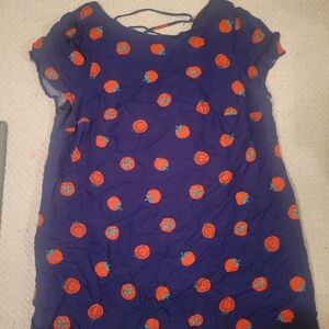 Navy Blue Lace-Up Back Dress with Red Orange Tomato Print